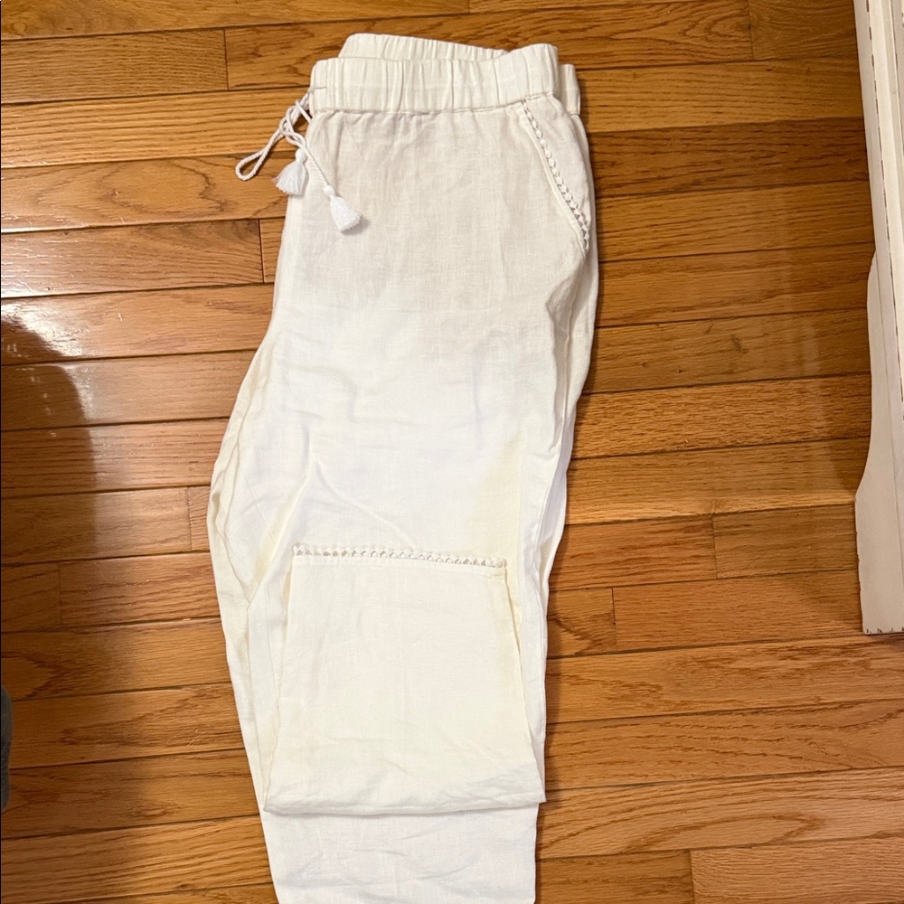 Talbots Cream Linen Pants with Tassel Accents